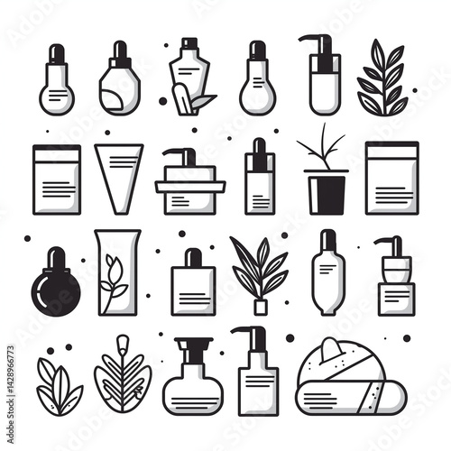 Outline cosmetic and laboratory icons, flasks, herbs, beauty products, minimalist linear style