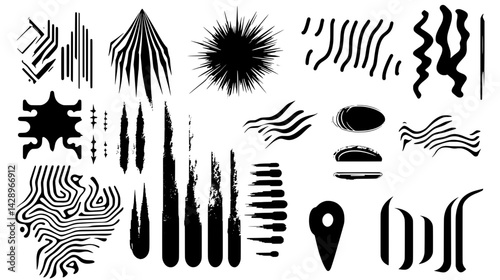 Dynamic abstract black and white shapes form an intricate tapestry of lines and patterns expressing motion and energy in contemporary art