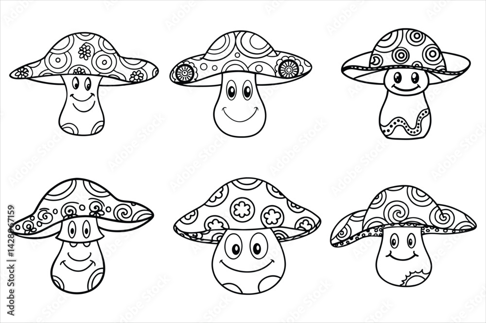 Fototapeta premium Hippie mushroom with a smiling face and paisley hat in linear doodle style