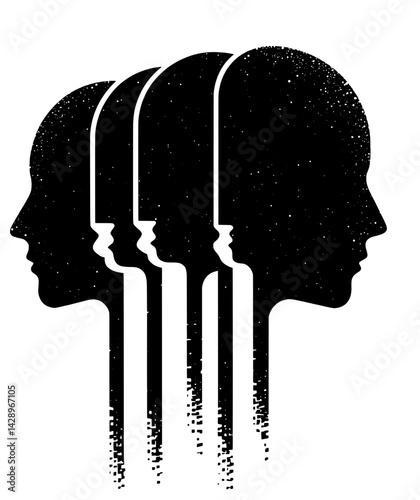 Artistic representation of human profiles in a cosmic cascade flowing into the unknown