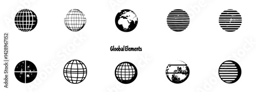 Creative representation of global elements with abstract globe designs showcasing varied patterns and textures in a minimalist layout