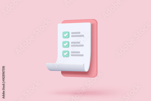 3d white clipboard task management todo check list with bubble, efficient work on project plan, fast progress, level up concept, assignment and exam checklist icon. 3d vector render on pink background