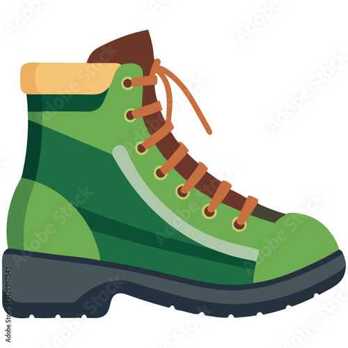 Green hiking boot with black sole and brown laces