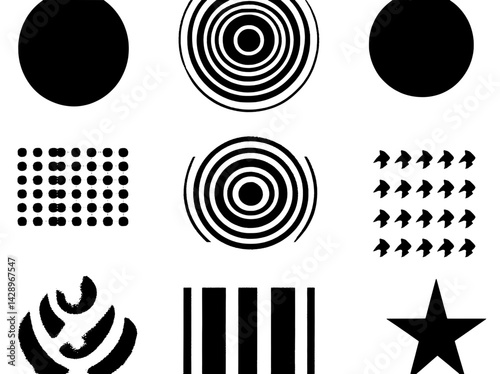 Creative exploration of contrasting shapes and patterns in a monochromatic composition showcasing dynamic visual rhythms and symmetry