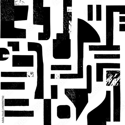 Dynamic abstract composition showcasing black and white geometric shapes and lines in a bold artistic expression