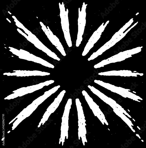 Radiant burst of white lines creating an artistic sun-like pattern against a deep black backdrop