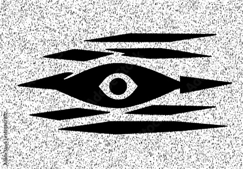Mysterious black eye symbol against a textured grey background evokes intrigue and imagination in a modern artistic expression