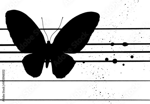 Butterfly silhouette gracefully perched on musical staff lines creating a stunning visual harmony in black and white artistry