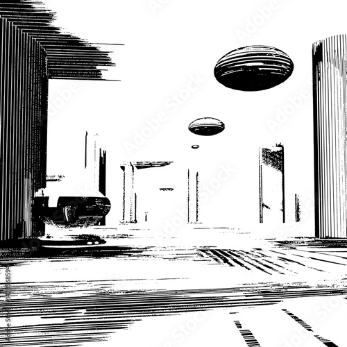 Futuristic corridor illuminated by floating orbs in a surreal monochrome landscape evoking a sense of wonder and exploration