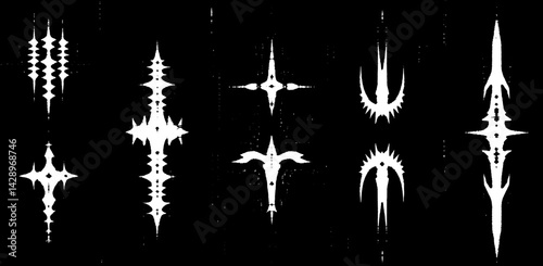 Intricate white patterns radiating energy on a stark black background evoking a sense of motion and depth
