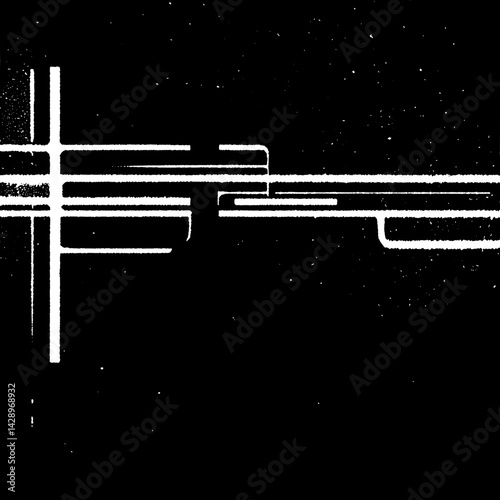 Abstract lines and shapes create a striking composition on a dark background, featuring intriguing geometric patterns and contrasts
