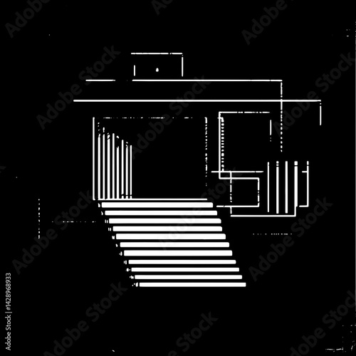 Modern architectural design highlighted with bold outlines, showcasing the intricate staircase and facade details in a minimalist style