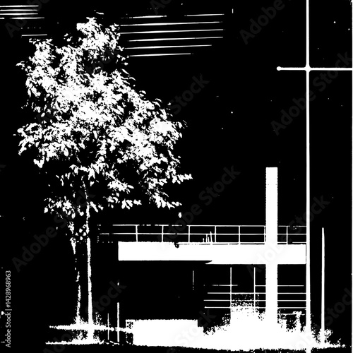 Unique architectural design merges with nature in a modern urban landscape during the twilight hour