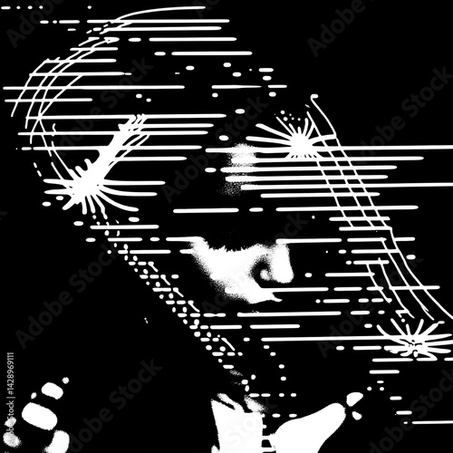 Artistic portrayal of a musician immersed in the rhythm of sound amidst a visual melody of light and motion