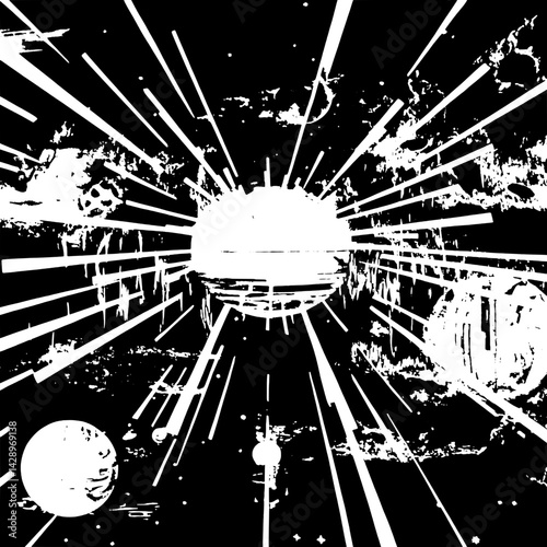 Cosmic explosion illuminating a distant galaxy with bright celestial bodies and dynamic energy bursts in a dark void