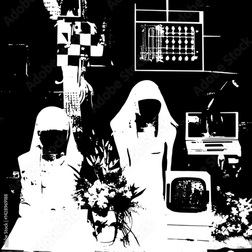Surreal still life featuring two figures in white cloaks against an abstract backdrop of technology and floral arrangements