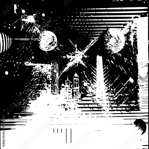 Exploration of cosmic elements with a city skyline merging futuristic designs and celestial wonders