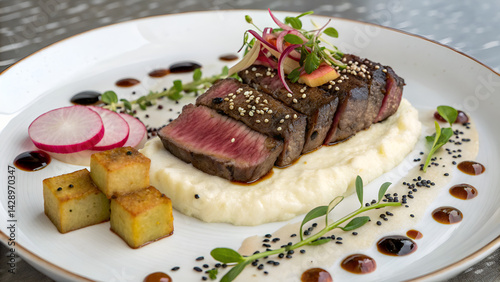 Wallpaper Mural Gourmet Seared Steak Plated with Vibrant Radish, Creamy Sauce, and beef steak with potato and asparagus and ranch. Fresh Greens and fresh herbs on elegant plate Torontodigital.ca