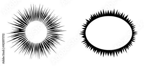 Stylized sunburst designs in contrasting black outlines with sharp edges showcasing creativity and boldness in graphic art