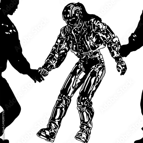 Robot dancer showcasing dynamic movements in an expressive performance within a vibrant urban backdrop at dusk