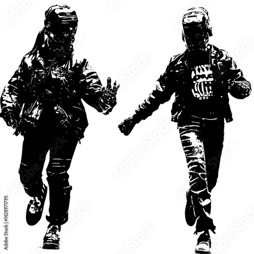 Two street artists strolling through a vibrant urban landscape dressed in eclectic outfits and wearing unique masks at dusk