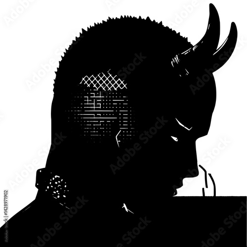 Unique silhouette of a character with horns deep in thought at sunset by a cityscape skyline