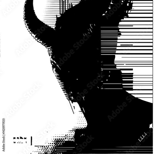 Eerie silhouette of a horned figure amidst stark contrasts in a shadowy environment