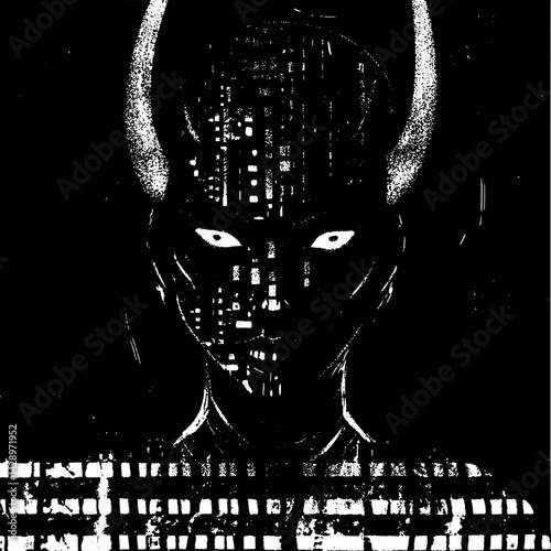 Mysterious figure with digital textures and horns captured in a dark urban landscape at night