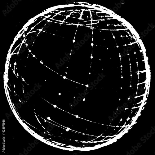 Celestial sphere detailed in intricate white lines against a stark black background captures the vastness of the universe