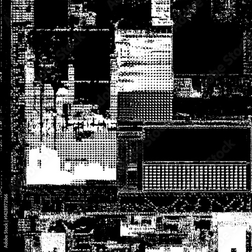 Urban landscape transformed into abstract monochrome textures at dusk showcasing a city full of life