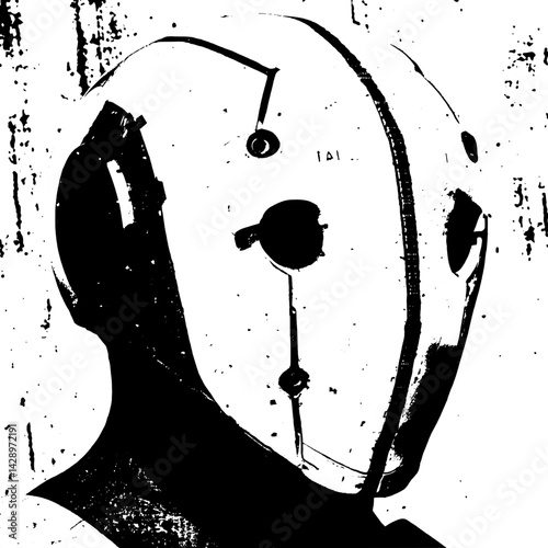 Intriguing humanoid figure with a striking mask set against a textured backdrop at dusk