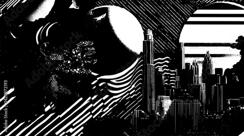 Urban landscape infused with abstract patterns and surreal elements creating a striking juxtaposition of city life and imagination