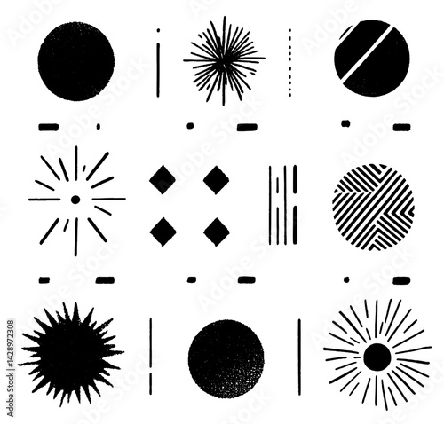 Artistic display of geometric patterns and shapes created with black ink on a white background evoking a sense of modernity and creativity