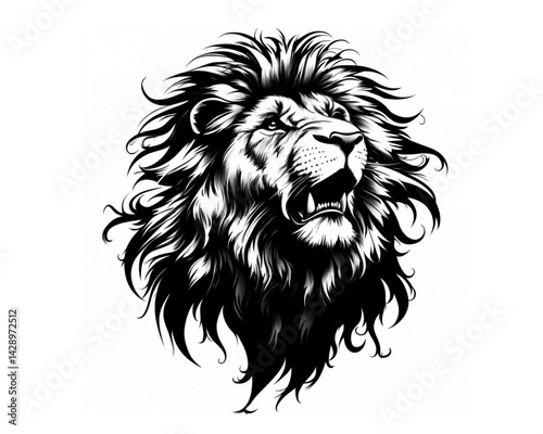 Dynamic lion head with flowing mane illustration, stark black and white, conveying energy against white.