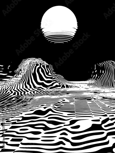 Striking black and white landscape with undulating hills and a bold sun illuminating the surreal atmosphere
