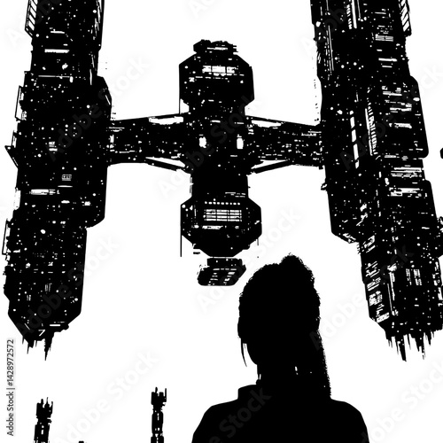 Exploration of a futuristic space station against a stark black and white backdrop with a curious silhouette gazing upward