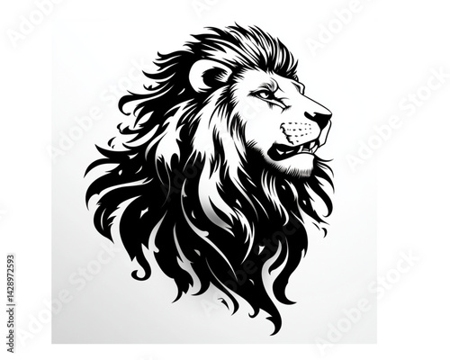 Regal lion head in profile illustration, monochromatic, depicting nobility against a white backdrop.