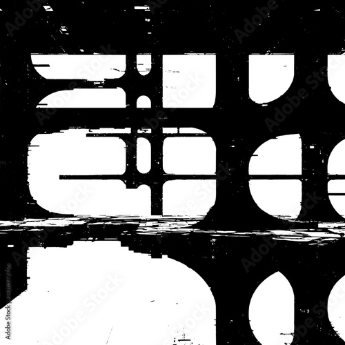 Bold black and white abstract composition featuring intersecting shapes and lines in a dynamic urban environment