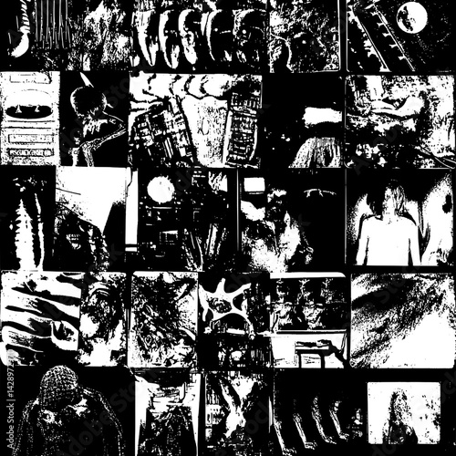 Exploration of shadows and forms in an abstract black and white collage of human experiences