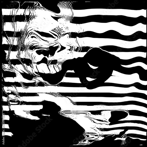 Abstract interplay of black and white lines creates a hypnotic wave-like design, invoking a sense of movement and depth
