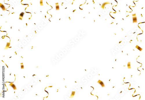 Falling gold shiny confetti and streamers with space in the middle isolated on transparent background