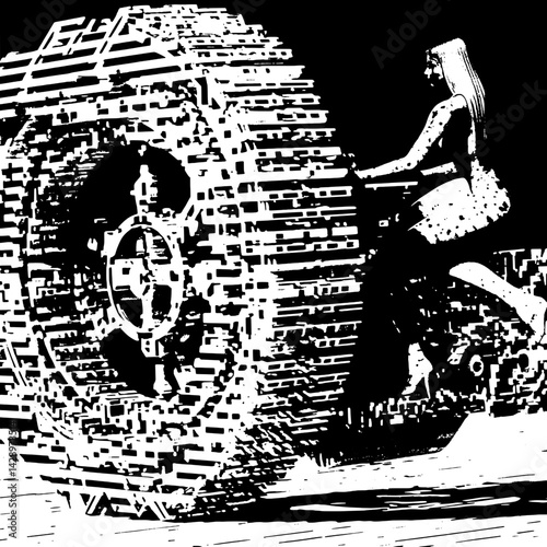 Woman riding on a giant wheel in an abstract black and white urban landscape at sunset, embodying strength and creativity