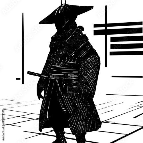 Mysterious figure in a traditional robe stands in a minimalist black and white environment filled with abstract lines