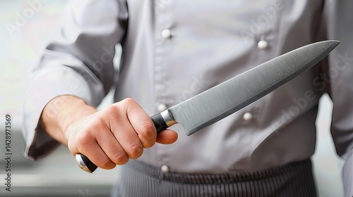 With focused intent, the chef grips a sharp kitchen knife, embodying mastery and readiness in the culinary craft.

 photo