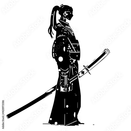 Silhouette of a samurai warrior standing poised with a katana under a moonlit sky in a tranquil, ancient setting