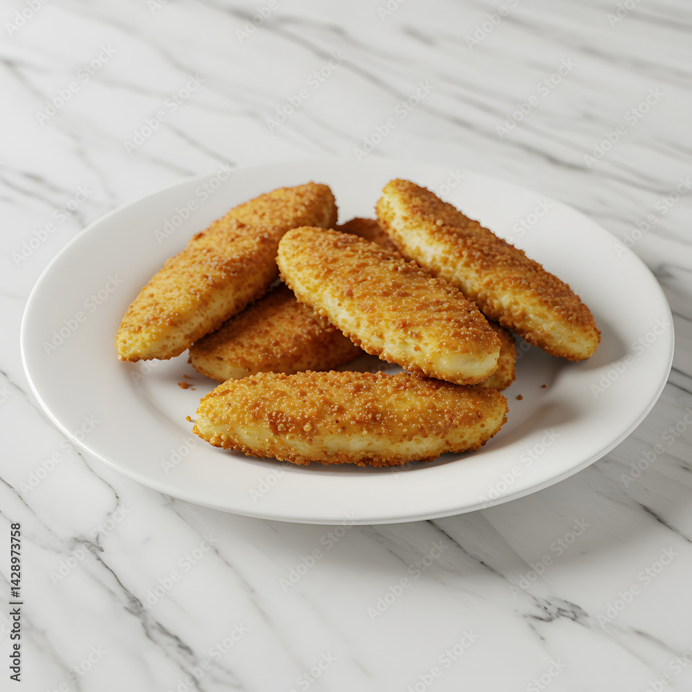 Fried chicken nuggets and fish fingers on a plate with a variety of sides Fried chicken nuggets and fish fingers on a plate with a variety of sides