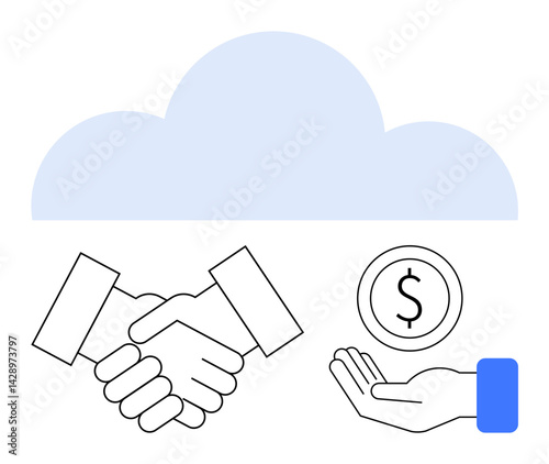 Handshake symbolizing partnership under a cloud, hand offering coin for financial exchange. Ideal for business collaboration, cloud technology, deal-making, teamwork, financial services, digital