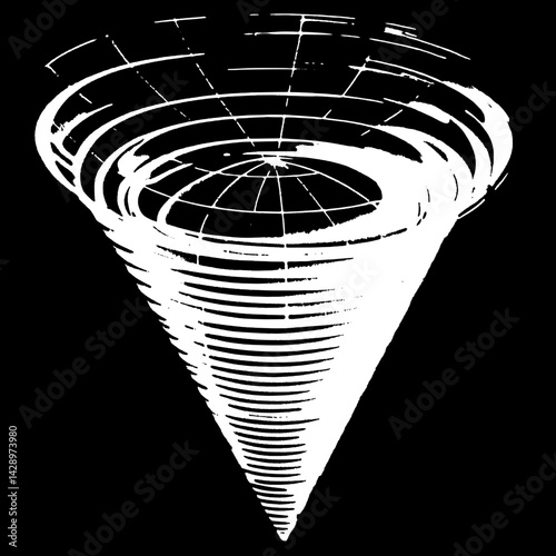 Whirling vortex graphic evokes mystery and depth with intricate swirling patterns and a bold monochrome design