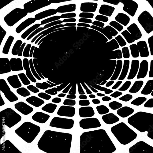 Black and white abstract tunnel drawing evokes mysterious depth and infinite pathways in a surreal space