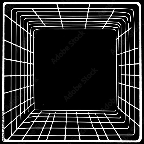 Abstract representation of perspective with a grid design showcasing depth and dimensions in monochrome tones
